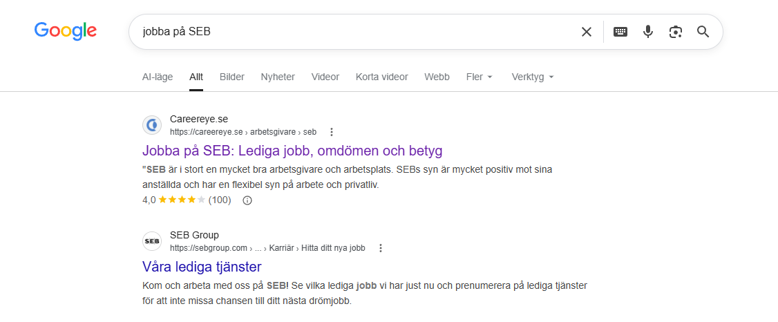 Google-sökning som visar CareerEye