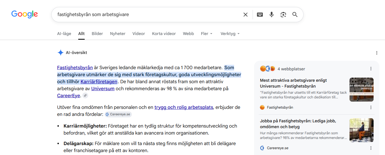 Google-sökning med arbetsgivare och CareerEye